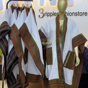 White and Olive Striped Trim Kimono Jacket by
